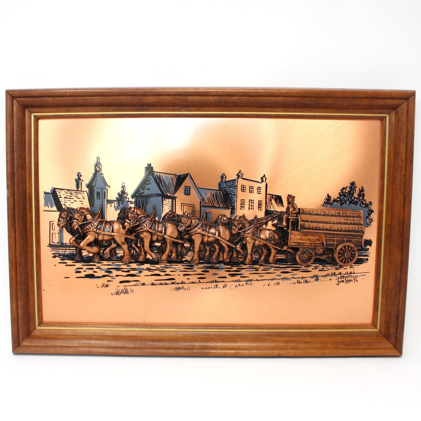 Metal Art, Copper Media, Wagon Pulled by Clydesdale Horses, Artist Signed, John Louw, Vintage