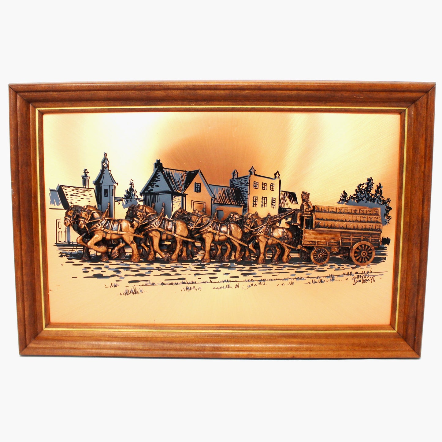 Metal Art, Copper Media, Wagon Pulled by Clydesdale Horses, Artist Signed, John Louw, Vintage