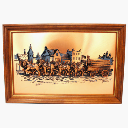 Metal Art, Copper Media, Wagon Pulled by Clydesdale Horses, Artist Signed, John Louw, Vintage