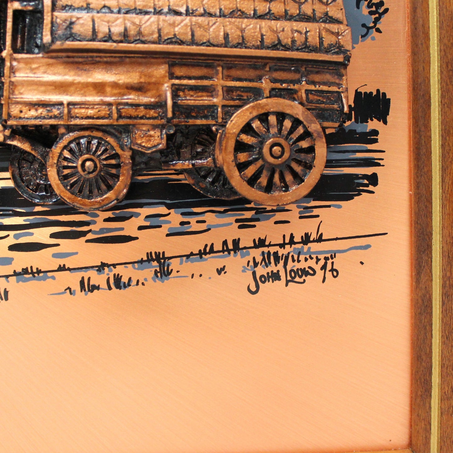 Metal Art, Copper Media, Wagon Pulled by Clydesdale Horses, Artist Signed, John Louw, Vintage
