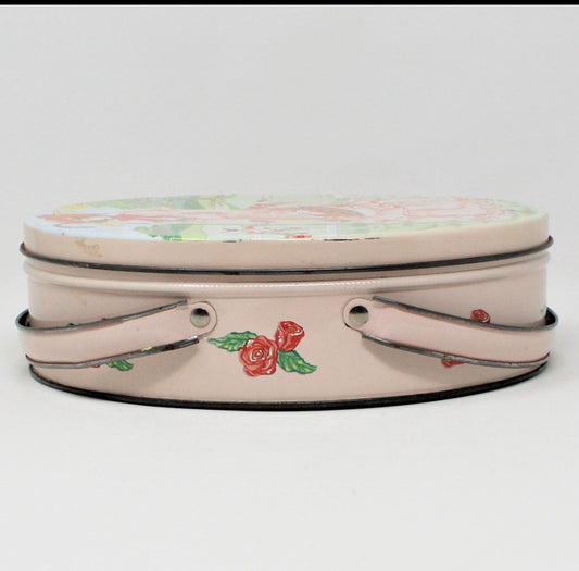 Gift Tin / Cookie Tin, ValleyBrook Farms, Victorian Country Girl, Pink Oval with Handles, Vintage