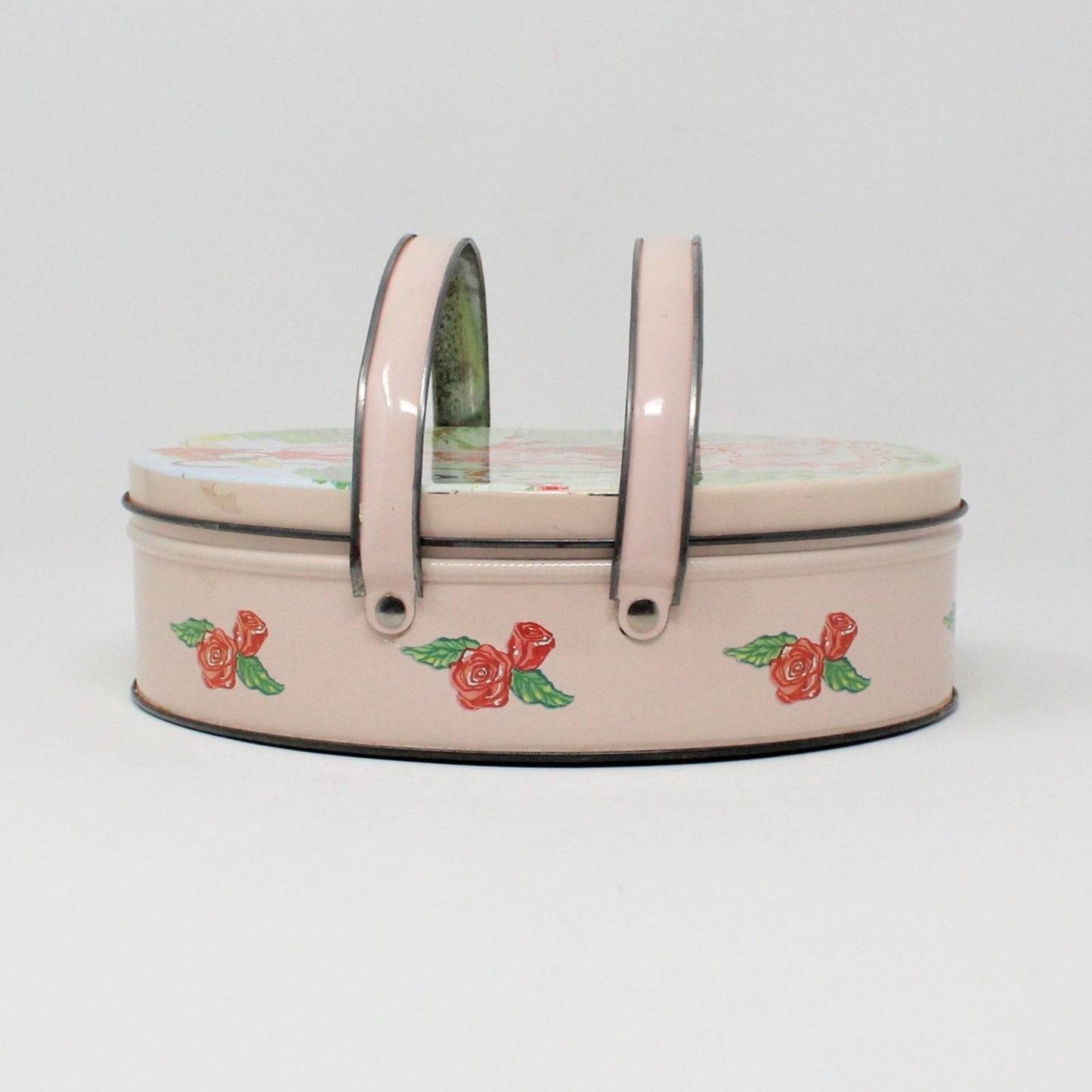 Gift Tin / Cookie Tin, ValleyBrook Farms, Victorian Country Girl, Pink Oval with Handles, Vintage