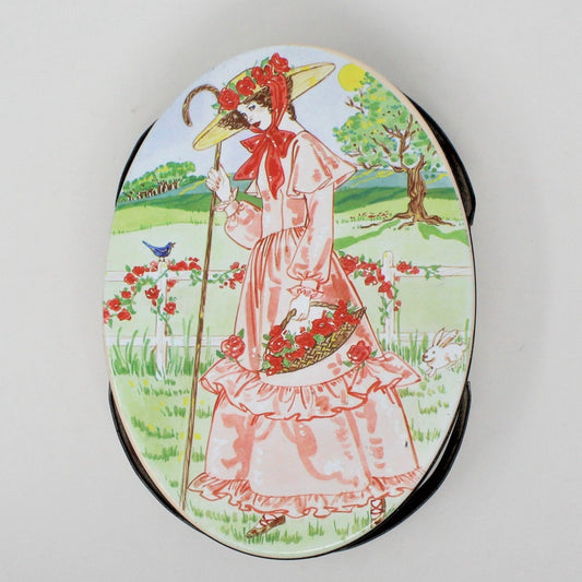 Gift Tin / Cookie Tin, ValleyBrook Farms, Victorian Country Girl, Pink Oval with Handles, Vintage