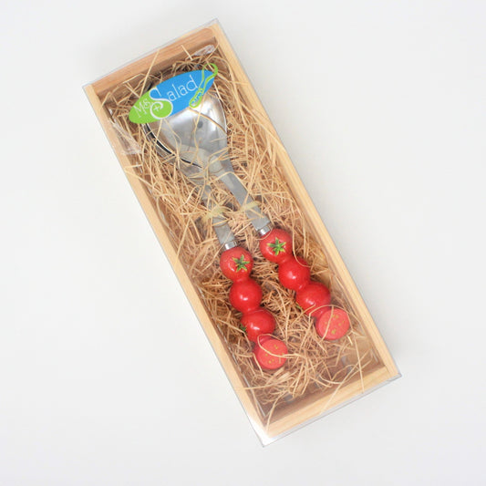 Salad Fork & Spoon Set, Tomatoes Handle, Wood Crate, Unused