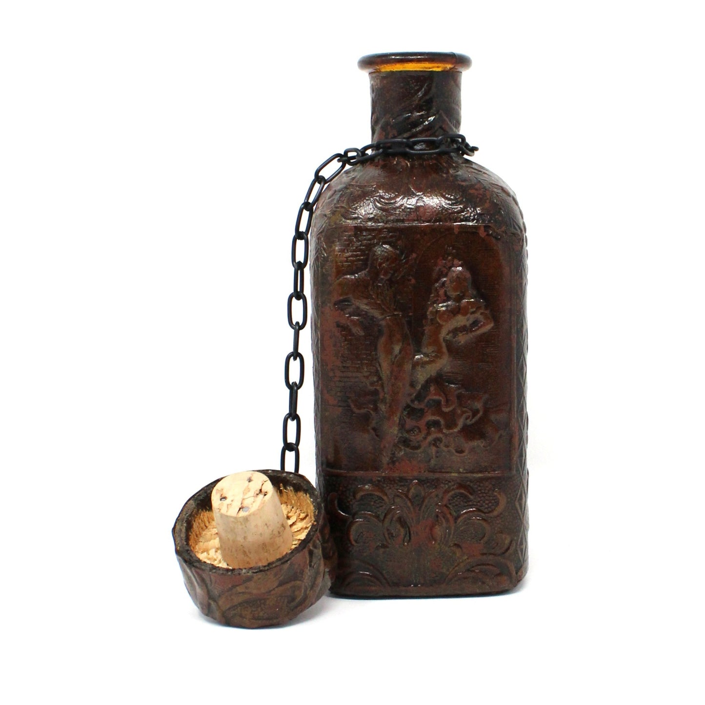 Decanter, Tooled Leather Wrapped Bottle, Flamenco Dancers, Amber Glass, Vintage Barware, Spain