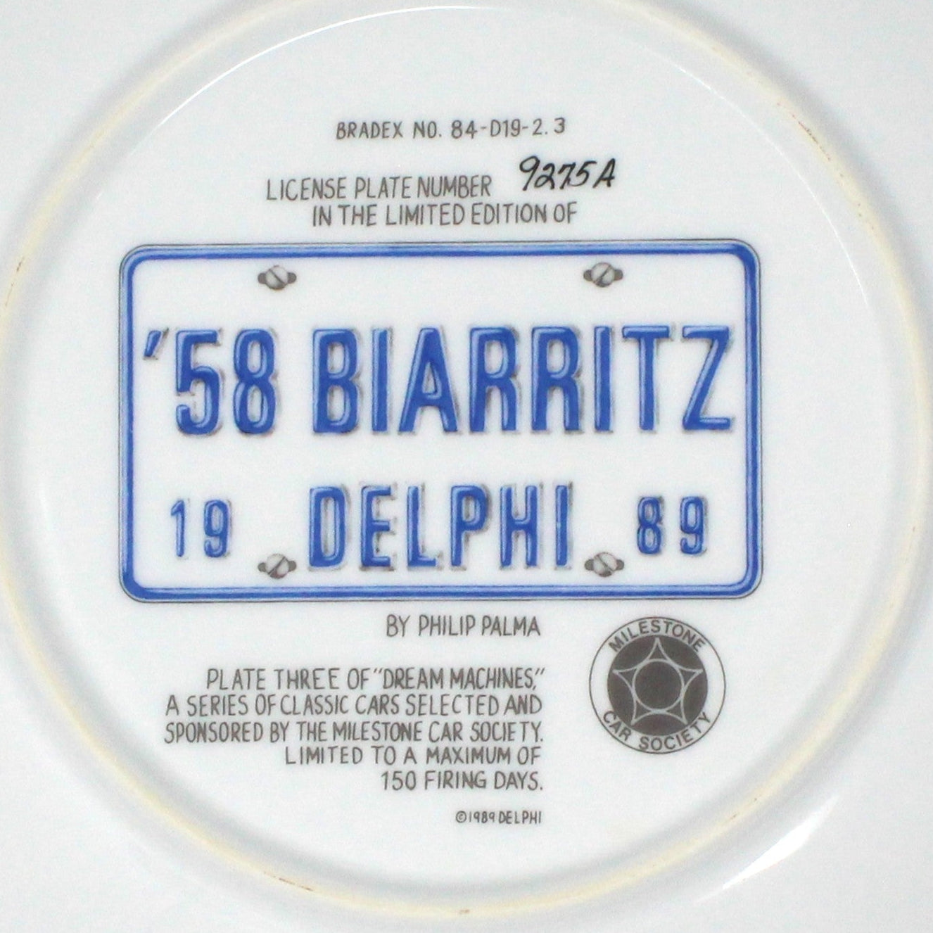 Decorative Plate, Dream Machines by Delphi, Mid Century Cars, 1958 Biarritz, Vintage, 1989