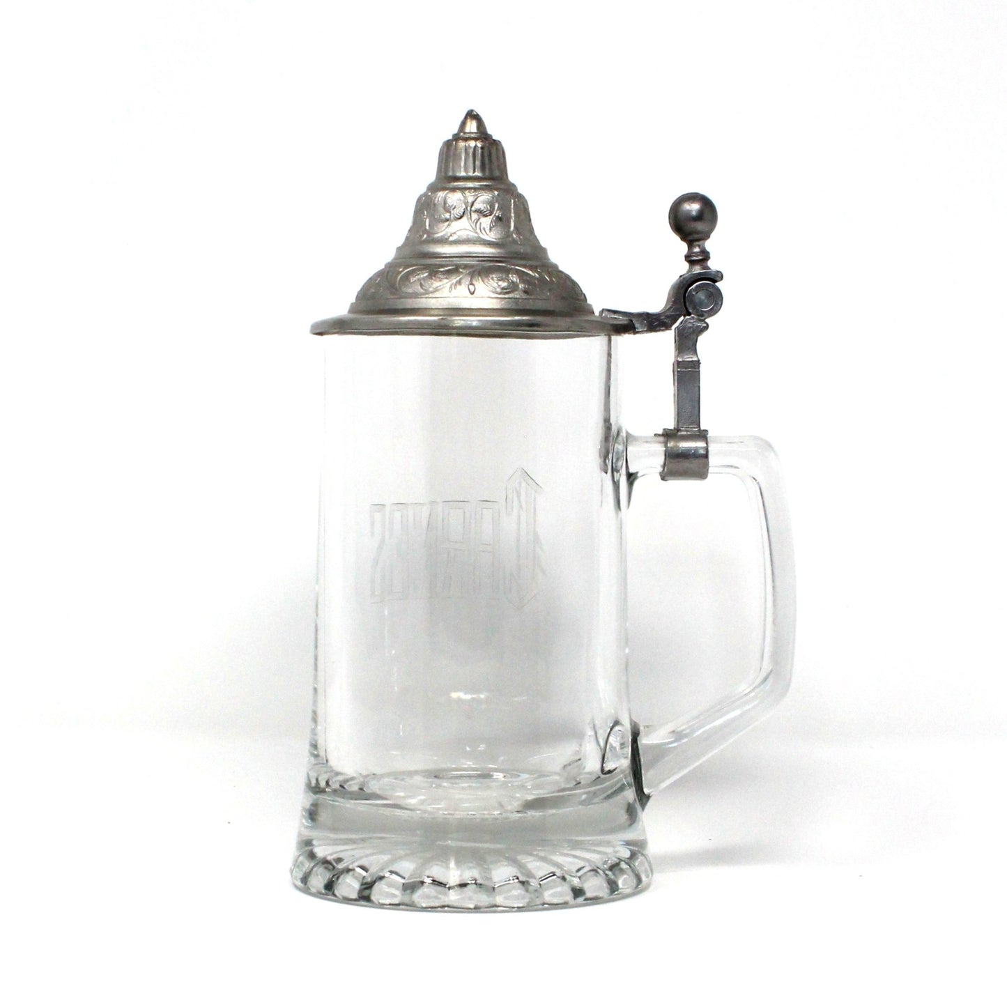 Beer Stein, Glass Mug with Pewter Lid, Carved "Carnes", Germany, Vintage