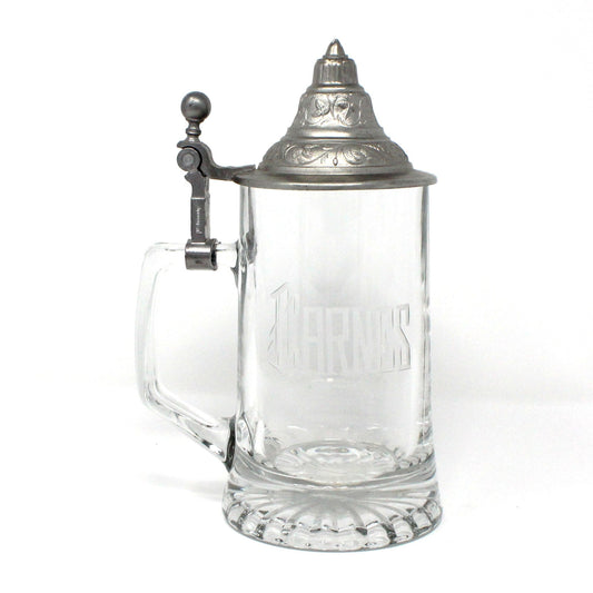 Beer Stein, Glass Mug with Pewter Lid, Carved "Carnes", Germany, Vintage