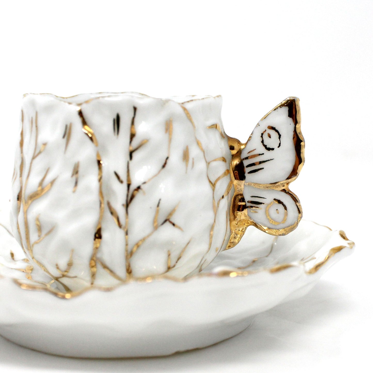 Demitasse & Saucer, Cabbage Shaped, Butterfly Handle, German Porcelain, Antique
