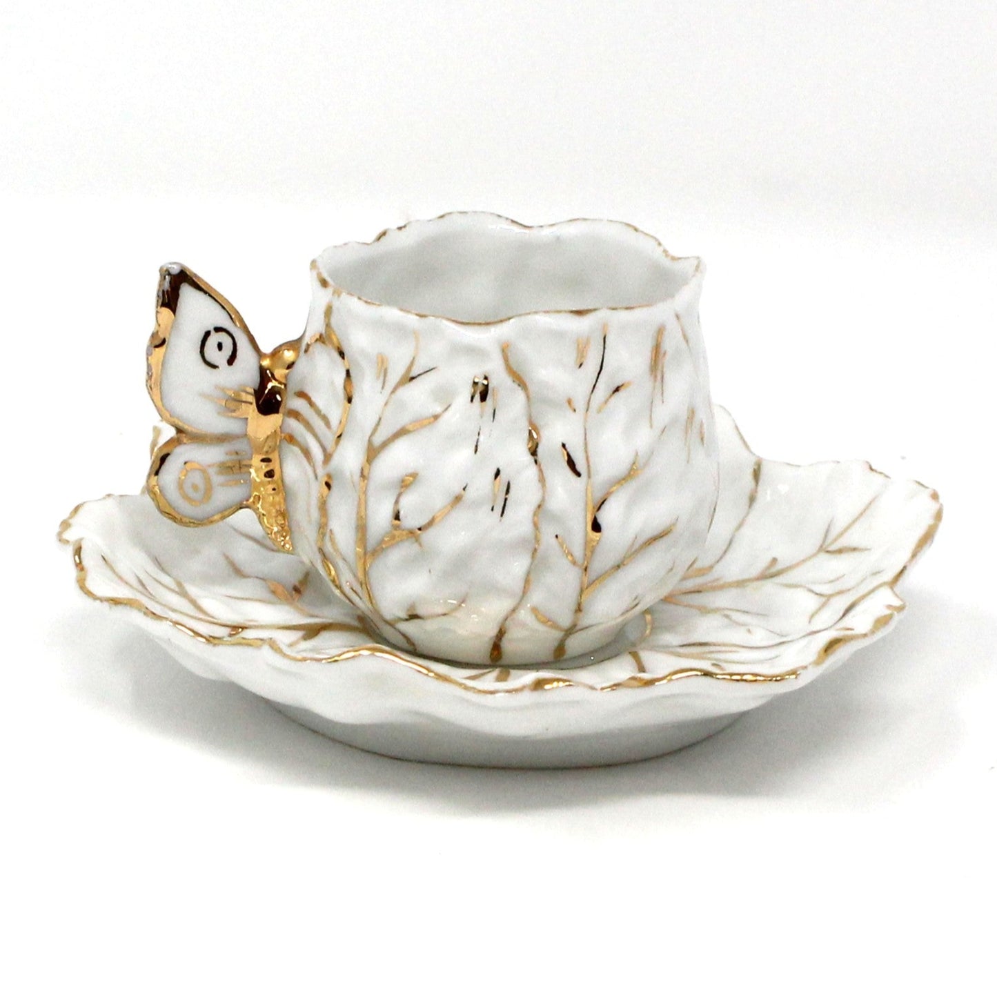 Demitasse & Saucer, Cabbage Shaped, Butterfly Handle, German Porcelain, Antique