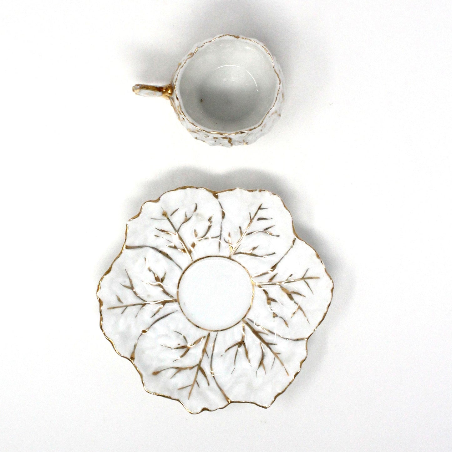 Demitasse & Saucer, Cabbage Shaped, Butterfly Handle, German Porcelain, Antique