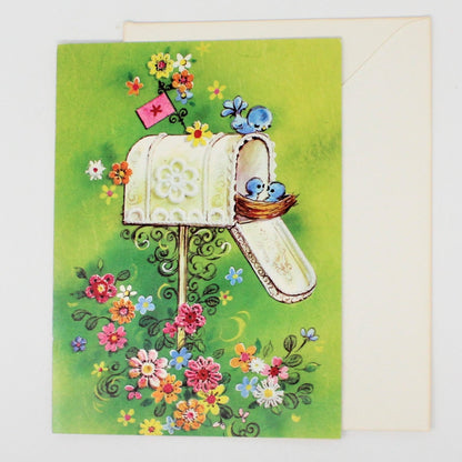 Greeting Card / Get Well, Unused with Envelope, Mailbox with Birds, Vintage