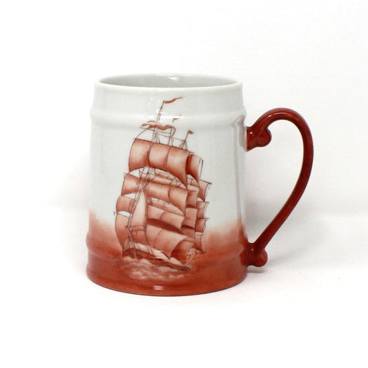 Beer Mug, Schooner Ship, Hand Painted, Nautical, Vintage Pottery