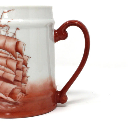 Beer Mug, Schooner Ship, Hand Painted, Nautical, Vintage Pottery