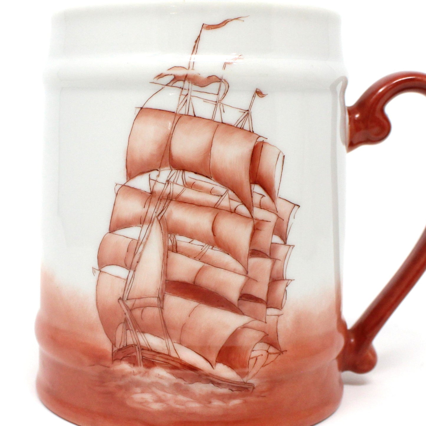 Beer Mug, Schooner Ship, Hand Painted, Nautical, Vintage Pottery