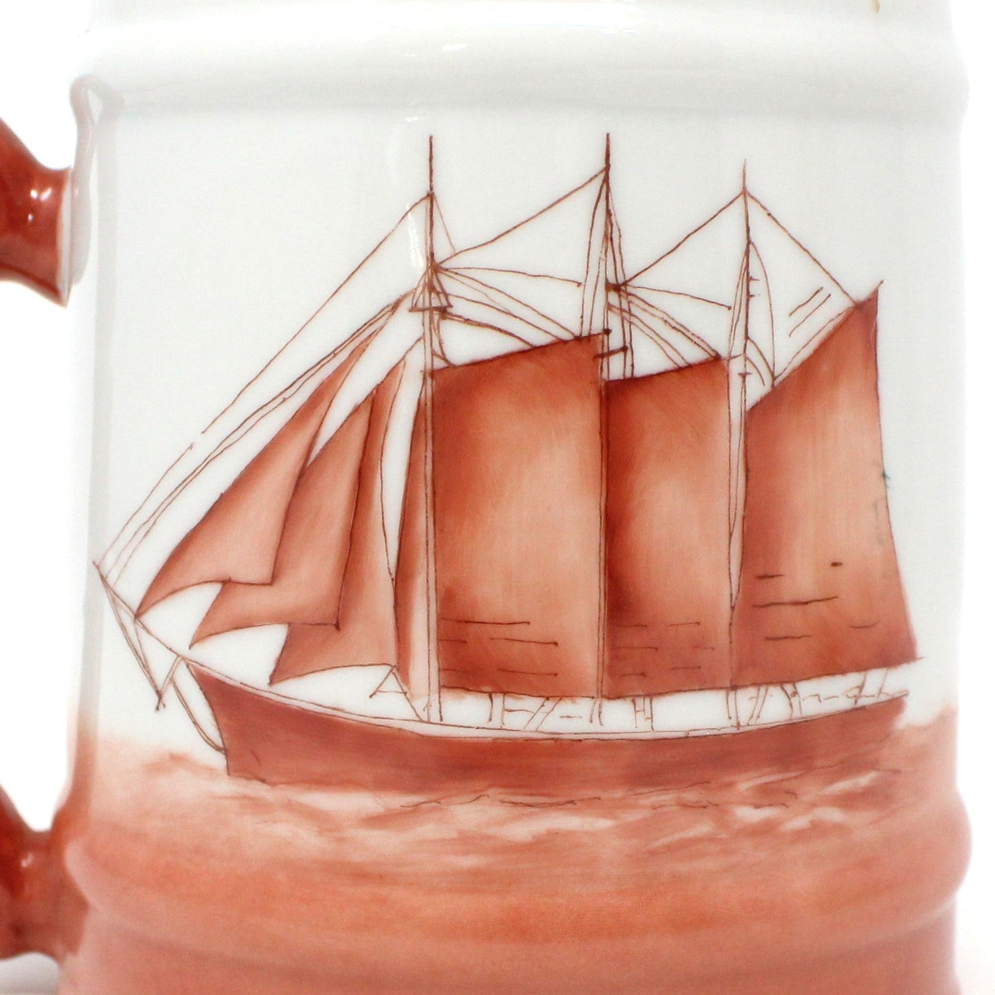 Beer Mug, Schooner Ship, Hand Painted, Nautical, Vintage Pottery