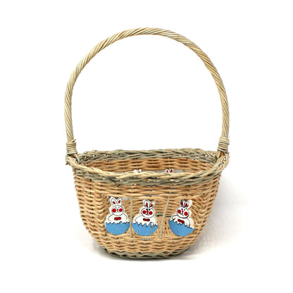 Basket, Easter Basket, Hand Painted Wooden Rabbits, Oval with Handle, Vintage