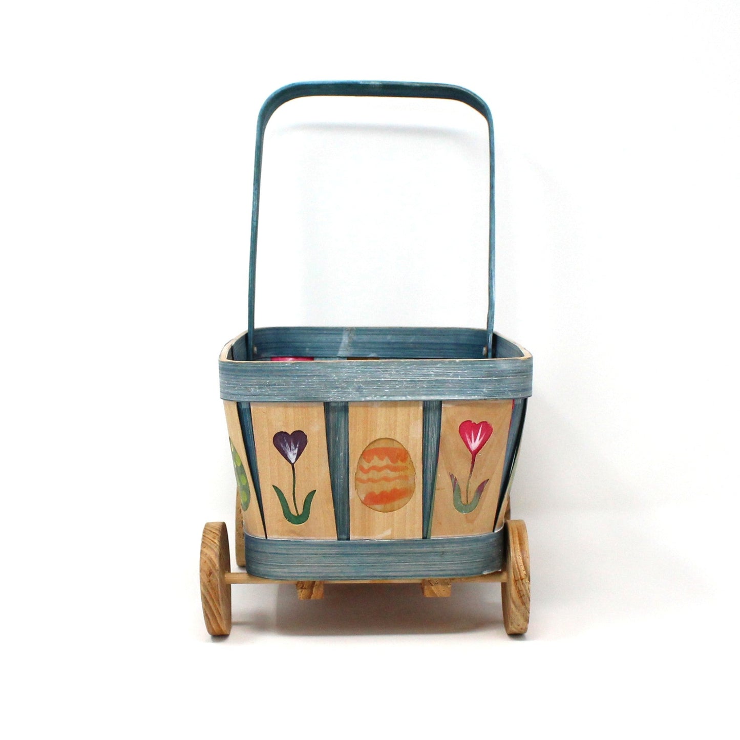 Basket, Easter Basket / Wagon, Hand Painted Woven Wood Strips, Wooden Wheels, Rectangular Wagon with Handle, Vintage