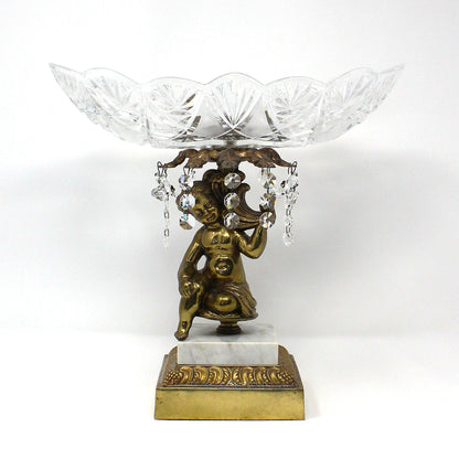 Bowl Pedestal Fruit Bowl, Cherub, Marble & Crystals, Hollywood Regency, Mid Century, Vintage, 12"