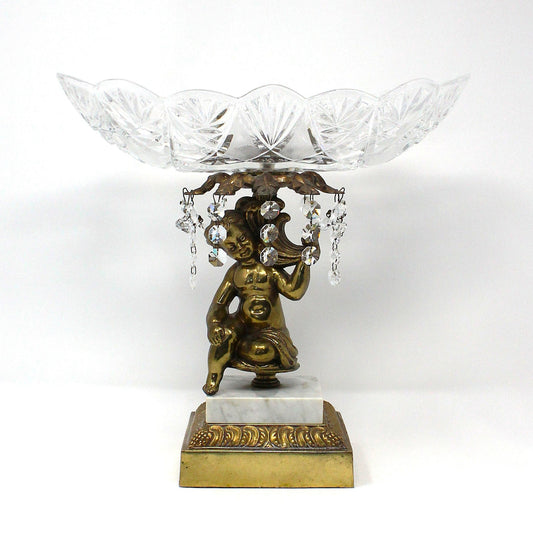 Bowl Pedestal Fruit Bowl, Cherub, Marble & Crystals, Hollywood Regency, Mid Century, Vintage, 12"