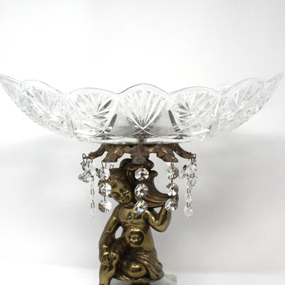 Bowl Pedestal Fruit Bowl, Cherub, Marble & Crystals, Hollywood Regency, Mid Century, Vintage, 12"
