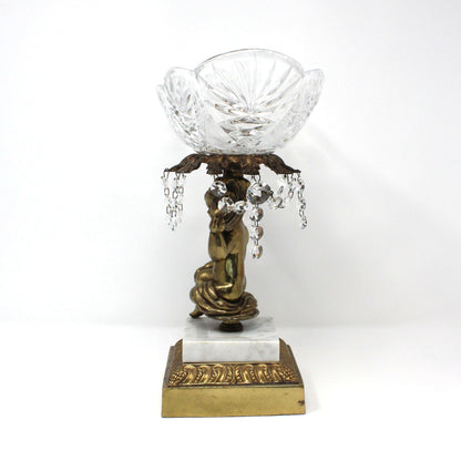 Bowl Pedestal Fruit Bowl, Cherub, Marble & Crystals, Hollywood Regency, Mid Century, Vintage, 12"