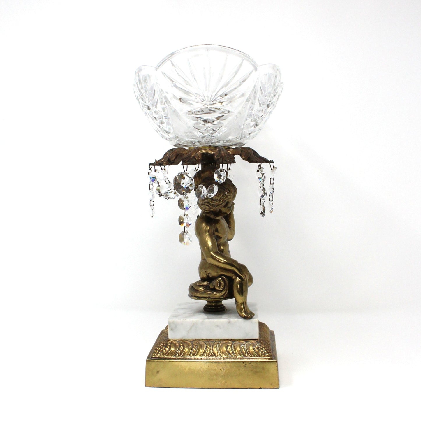 Bowl Pedestal Fruit Bowl, Cherub, Marble & Crystals, Hollywood Regency, Mid Century, Vintage, 12"