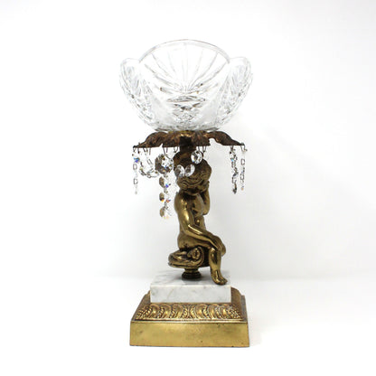 Bowl Pedestal Fruit Bowl, Cherub, Marble & Crystals, Hollywood Regency, Mid Century, Vintage, 12"