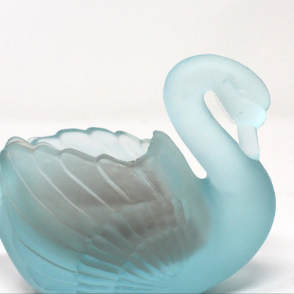 Candle Holder with Candle, Blue Swan Votive Holder, Frosted Glass, Vintage, 1980's