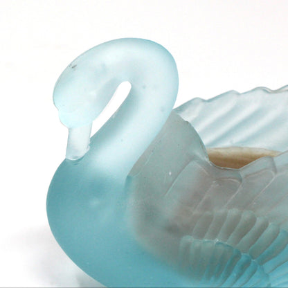 Candle Holder with Candle, Blue Swan Votive Holder, Frosted Glass, Vintage, 1980's