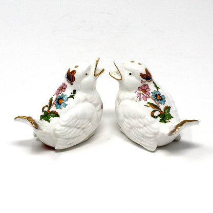 Salt and Pepper Shakers, White Birds with Flowers & Butterflies, Bone China, Vintage