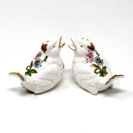 Salt and Pepper Shakers, White Birds with Flowers & Butterflies, Bone China, Vintage