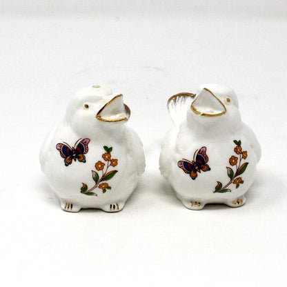 Salt and Pepper Shakers, White Birds with Flowers & Butterflies, Bone China, Vintage