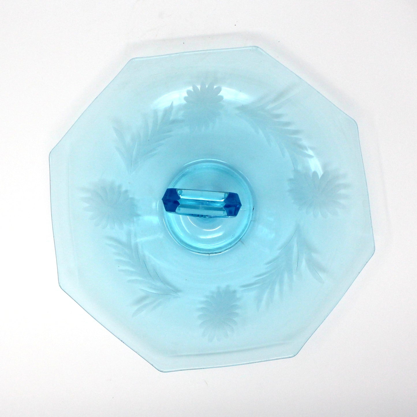 Sandwich Plate / Tidbit Tray with Handle, Blue Glass Etched Floral Design, Octagon, Vintage