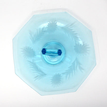 Sandwich Plate / Tidbit Tray with Handle, Blue Glass Etched Floral Design, Octagon, Vintage
