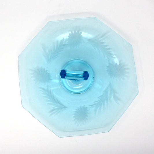 Sandwich Plate / Tidbit Tray with Handle, Blue Glass Etched Floral Design, Octagon, Vintage