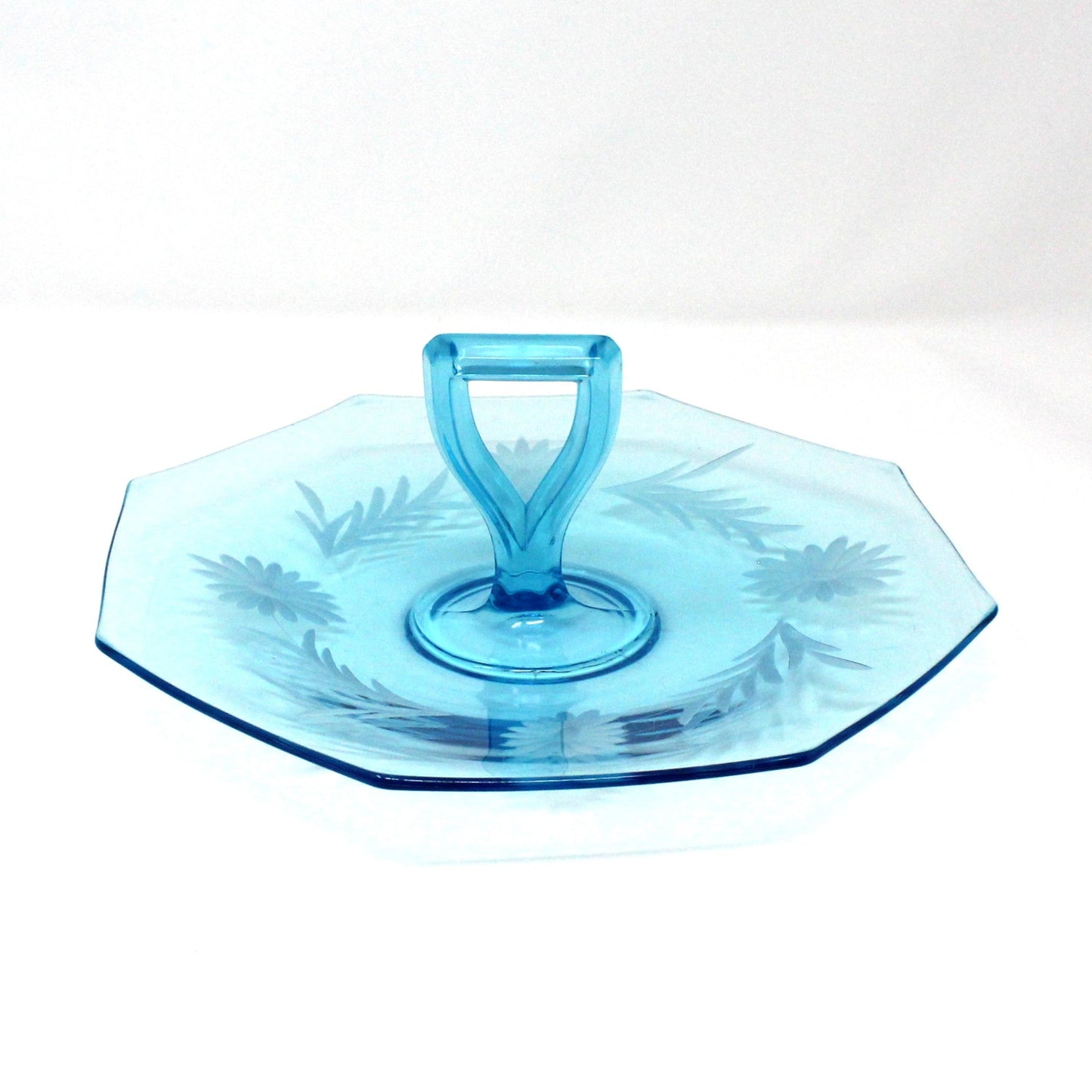 Sandwich Plate / Tidbit Tray with Handle, Blue Glass Etched Floral Design, Octagon, Vintage