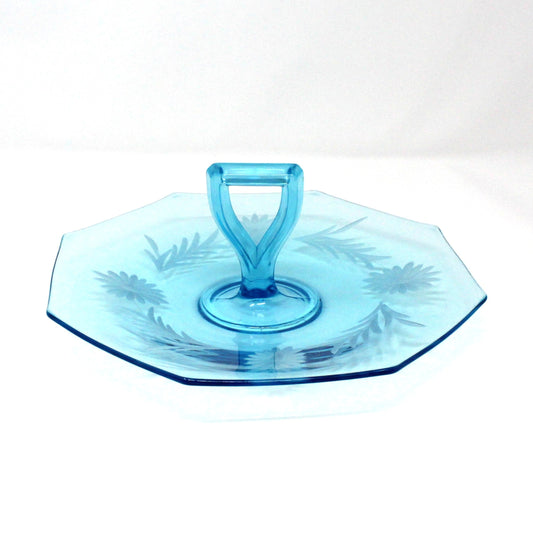 Sandwich Plate / Tidbit Tray with Handle, Blue Glass Etched Floral Design, Octagon, Vintage