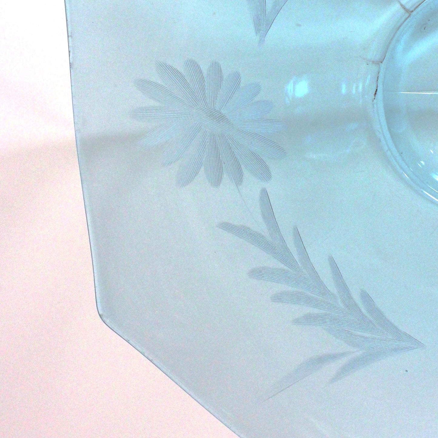 Sandwich Plate / Tidbit Tray with Handle, Blue Glass Etched Floral Design, Octagon, Vintage