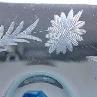Sandwich Plate / Tidbit Tray with Handle, Blue Glass Etched Floral Design, Octagon, Vintage