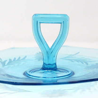 Sandwich Plate / Tidbit Tray with Handle, Blue Glass Etched Floral Design, Octagon, Vintage