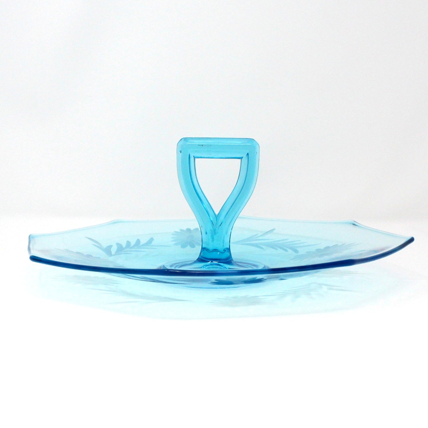 Sandwich Plate / Tidbit Tray with Handle, Blue Glass Etched Floral Design, Octagon, Vintage