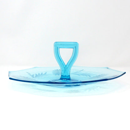 Sandwich Plate / Tidbit Tray with Handle, Blue Glass Etched Floral Design, Octagon, Vintage