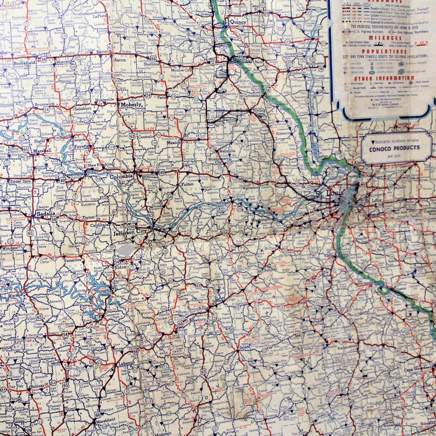 Road Map, Conoco Travel Bureau, H M Gousha Lithograph, Missouri, Vintage 1930's