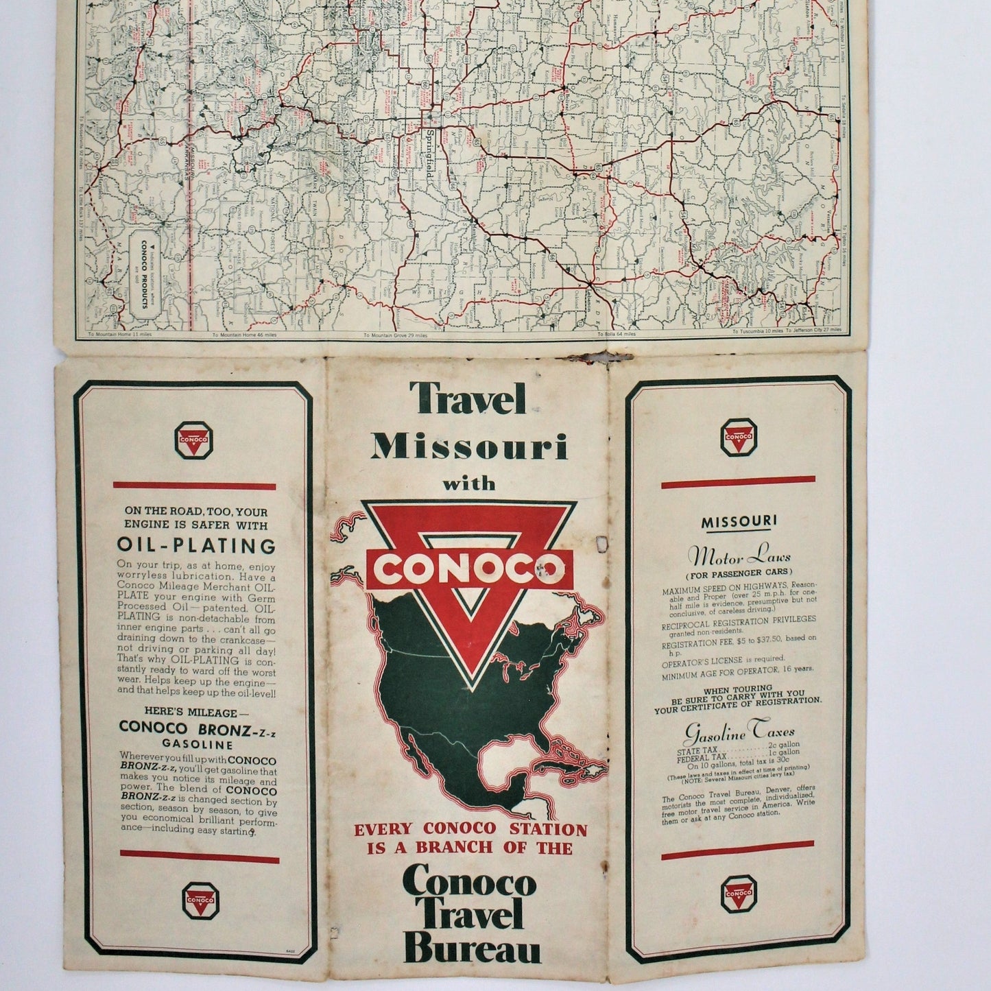 Road Map, Conoco Travel Bureau, H M Gousha Lithograph, Missouri, Vintage 1930's