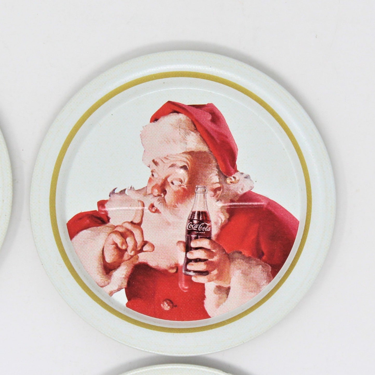 Coasters, Ohio Art Metal, Coca Cola Sundblom Santa, Shhhh / Quiet, Vintage