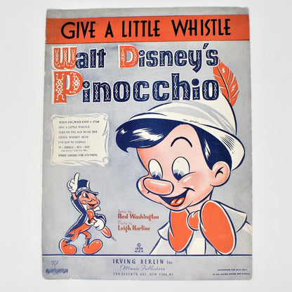 Sheet Music, Irving Berlin, Inc, Walt Disney's Pinocchio, Give a Little Whistle, Vintage 1940