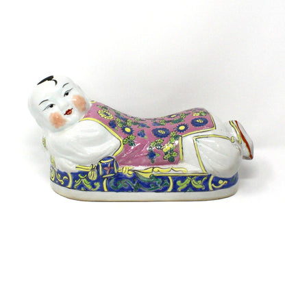 Figurine, Chinese Opium Pillow Headrest, Person Shaped Porcelain, Chinoiserie, Hand Painted, Vintage