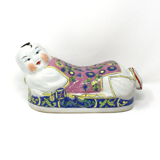 Figurine, Chinese Opium Pillow Headrest, Person Shaped Porcelain, Chinoiserie, Hand Painted, Vintage