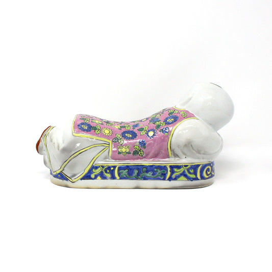 Figurine, Chinese Opium Pillow Headrest, Person Shaped Porcelain, Chinoiserie, Hand Painted, Vintage